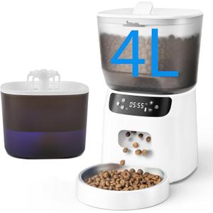 Automatic Cat Feeder and Water Fountain, 4L/16 Cups Timed Cat Dry Food Dispenser, 10s Meal Call, 20 Portions 6 Meals Per Day, 2L Cats Fountains for Drinking with Filter, Pet Feeder for Dog White