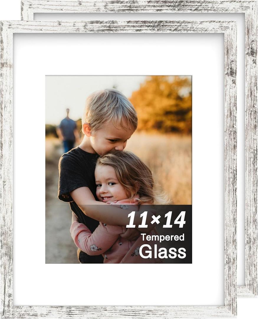 An&He 11x14 Picture Frame Set of 2, White Wood Grain Photo Frame for Wall Mounting or Tabletop Display