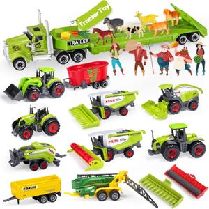 Oriate Kids Farm Toys Realistic Tractor Vehicle Playset, Diecast Car Set Educational Mini Farm Animals with Flatbed Trailer, Birthday Gift for Children 3 Year Old