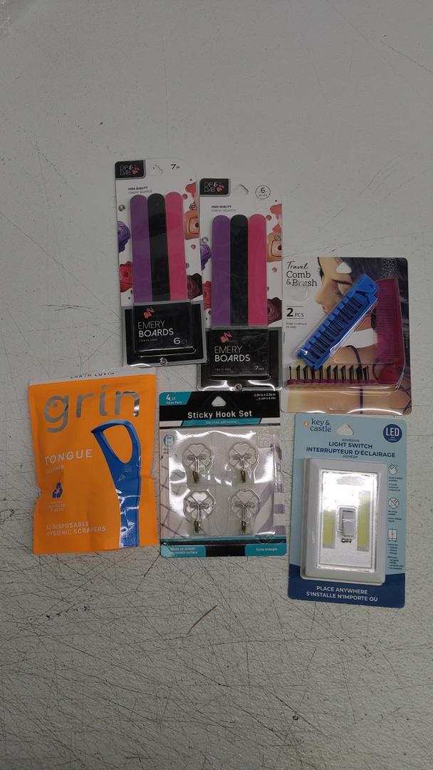 Woman's Beauty and Hygiene Kit, 12 Count of Dip and Dab 7Inch Emery Boards, Two Pcs set of Travel Sized Comb and Brush, Key and Castle Cordless Adhesive Light Switch, 4 Count Sticky hooks and 21 Pack Grin Tounge Cleaners.