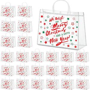 Aliceset 24 Pcs Christmas Clear Gift Bags with Handles, Extra Large Transparent Gift Wrap Bags, Reusable PVC Tote Bag Bulk for Party Favors, Shopping, Wedding Birthday(classic Xmas, 16" x 6" x 12")