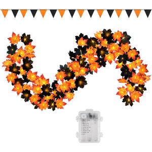 50 LED 16.4Ft Halloween Decorations Fall Garland String Lights with Timer, Lighted Black Maple Leaves Garlands Decor with Banner, Fall Lights for Home Party Indoor Mantle