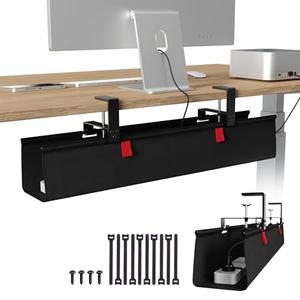 KEEGH No Drill Under Desk Cable Management Tray - 28" Cord Management Under Desk - Clamp/Screw Mount - Support Upto 70lbs - Fabric Wire Management - Gaming/PC Cable Tray Cord Hiders for Office/Home