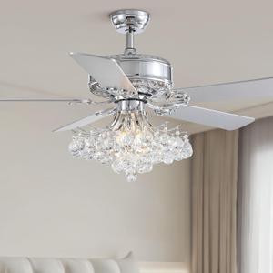 MOOONIHCE 52" Elegant Ceiling Fan with Light and Remote, Raindrops Crystal Fandelier with Wood Blades, Reversible Chandelier Fan for Living Room Bedroom Dinning Room (Silver)