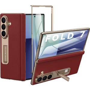 for Samsung Galaxy Z Fold 7 Phone Case,Luxury Genuine Leather,Full Body Hinge Protection,Built-in Screen Protector,Kickstand Slim Phone Cover for Galaxy Z Fold7 (Red)