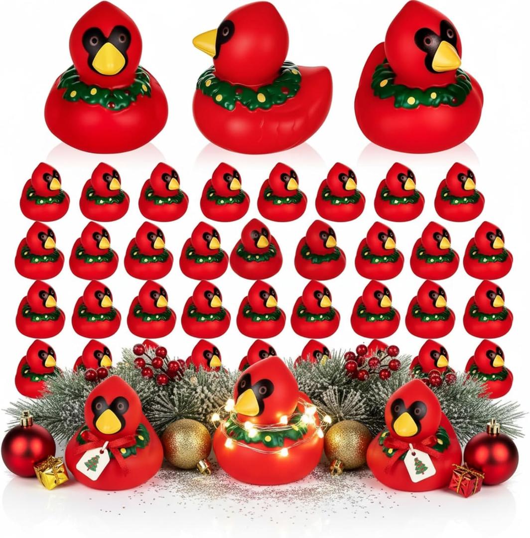 DEEKIN 50 Pcs Christmas Cardinal with Wreath Rubber Ducks 2 Inch Christmas Themed Rubber Ducks for Holiday Party Favors Seasonal Events Award Gifts