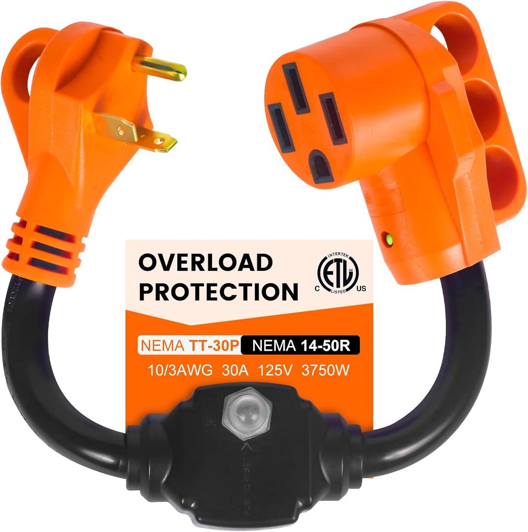 Overload Protector 30 Amp to 50 Amp RV Adapter with Circuit Breaker, NEMA TT-30P to NEMA 14-50R Electrical Power Adapter with LED Power Indicator, RV Dogbone Adapter Cord, 18 Inch, ETL Listed