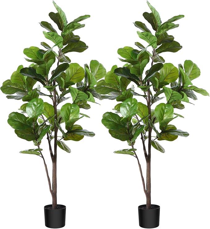 CROSOFMI Artificial Fiddle Leaf Fig Tree 4.5 Ft Fake Ficus Lyrata Plant with 68 Leaves Faux Plants in Pot for Indoor House Home Office Garden Modern Decoration Perfect Housewarming Gift, 2Pack