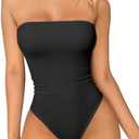 OQQ Womens Tube Bodysuits Strapless Basic Sleeveless Ruched Stretch Classic-Fit Tops Sexy Bodysuits Size L Black
