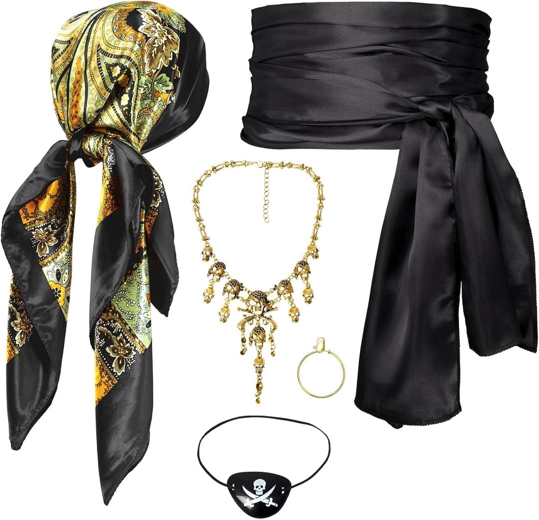 Women Pirate Costume Accessories Set|Headscarf Wrap Hat Sash Belt Cosplay Outfit With Stainless Steel Earring Necklace