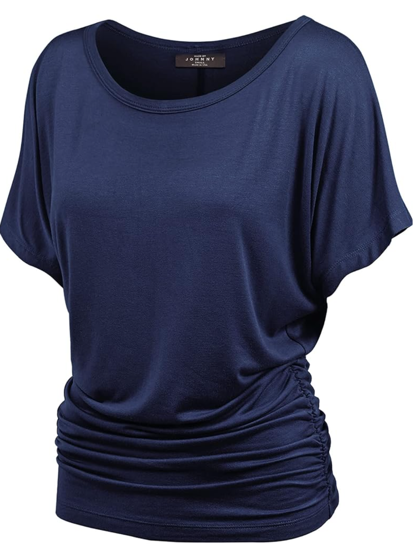 Made By Johnny Women's Casual Solid Short Sleeve Boat Neck/V Neck Dolman Top T Shirt with Side Shirring L