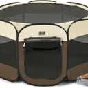 Dog Playpen for Small Dogs & Puppies, 40.55" Portable Indoor Outdoor Puppy Playpen with Bowl, Waterproof Floor, Foldable Pop-Up Pet Pen for Home, Travel & Daily Use, Brown+Beige