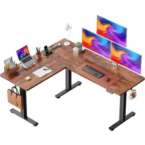 Huuger L Shaped Standing Desk with Power Outlets, 63 x 55 Inch Height Adjustable Computer Desk for Bedroom, Corner Stand up Desk for Home and Office, Work and Study, Rustic Brown Huuger L Shaped Standing Desk with Power Outlets, 63 x 55 Inch Height Adjustable Computer Desk for Bedroom, Corner Stand up Desk for Home and Office, Work and Study, Rustic Brown
