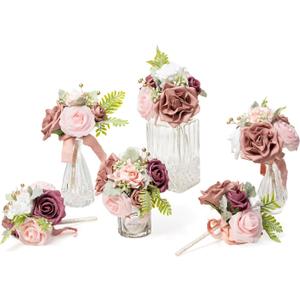 Ling's moment Dusty Rose Wedding Centerpieces Flowers Mini Bridesmaid Bouquets Set of 6 Pink Pre-Made Small Floral Wedding Table Floral Centerpieces (Dusty Rose)