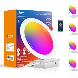 CLOUDY BAY [4 Pack] 8 inch Smart WiFi LED Recessed Lights,20W RGBCW Color Changing Recessed Lighting,Compatible with Alexa and Google Home Assistant,No Hub Required,2700K6500K,CRI90+ Wet Location