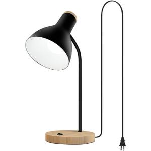 Metal Desk Lamp Table Lamp Reading Lights Arc Desk Lamps for Bedroom, Wood Base Bedside Lamp with Flexible Gooseneck for Study Room and Office (Wood Base+Black)