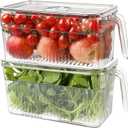 2 Pack Plastic Food Storage Produce Containers for Fridge, Stackable Lettuce Keeper for Refrigerator with Removable Drain Tray Keep Fresh for Vegetables/Fruit/Berry/Salad - 10'' x 5.3'' x 5.2''