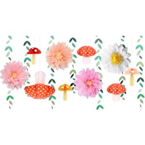 Mushroom Party Decorations for Fairy First Birthday Baby Shower Tea Party Enchanted Forest Cottagecore Decor Red Mushroom Lanterns Honeycomb Balls Pink Daisy Flowers Leaf Garland