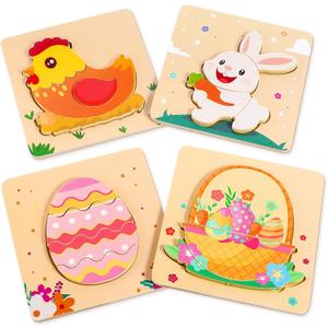 4 x Easter Wooden Puzzles for Toddler - 4 Pack Basket Stuffers Fillers Puzzle Toys for Boys Girls, Jigsaw Learning Educational Gifts Party Favors for Kids