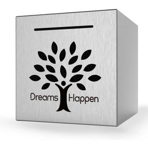 Piggy Bank Must Break to Open, Stainless Steel Piggy Bank Creative Safe Bank for Real Money (Dreams Happen-Silver, 4.72 inches)