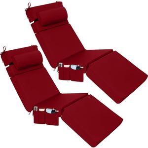 Wenqik 2 Pcs Outdoor Chaise Lounge Cushion with Pillow and Side Pocket Waterproof Lounge Chair Cushions with Pocket on Back 72 x 21 x 4 Inch Patio Pool Replacement Pad (Red)