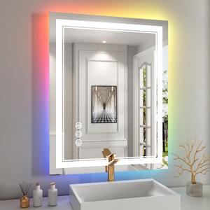 24x30 inch LED Bathroom Mirror with Lights RGB Backlit Color Changing Lighted Vanity Mirror for Bathroom Wall Dimmable Anti-Fog Led Mirror for Bathroom(RGB Backlit + 3 Front-Lighted)