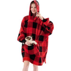 Krifey Wearable Blanket Hoodie, Oversized Sherpa Fleece Sweatshirt with Giant Pocket, Birthday Gifts for Women, Mom, Sister, KRF003-Red plaid