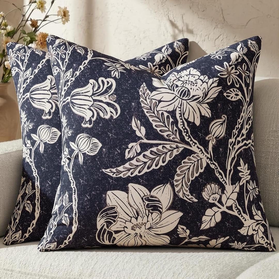 Vintage Floral Pillow Covers 20x20Navy Blue Throw Pillow Covers Decorative Neutral Modern Farmhouse Boho Patterned Cotton Square Cushions Accent Covers Sofa Bed Living Room Pillowcases Pack of 2