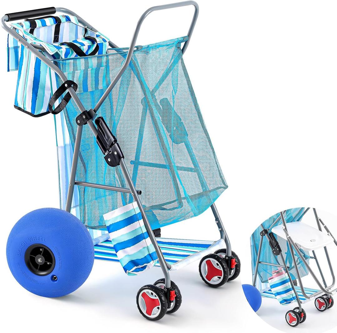 DoubleFill Foldable Beach Cart with 12 Inch Balloon Wheels for Sand, 100 lb Capacity Beach Wagon with Aluminum Frame, Removable Tote, Folding Sand Cart for Gear, Fishing, Camping(Blue,Striped)
