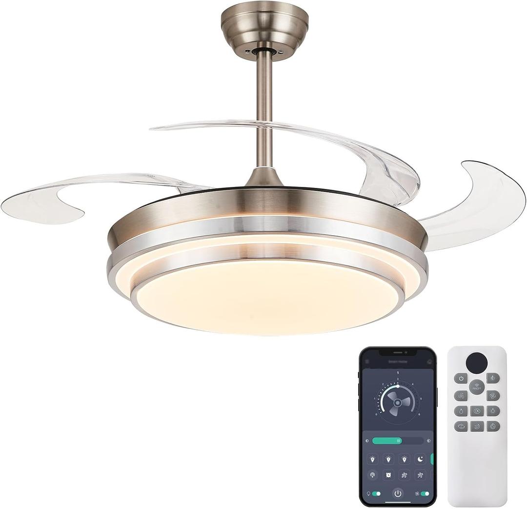 48 Inch Retractable Ceiling Fans with Lights, Modern Fandelier Ceiling Fan with Remote and App Control, 3 Color Dimmable, 6 Speeds Reversible, for Bedroom/Living Room/Office (Brushed Nickel)
