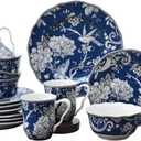 222 Fifth Adelaide 16-Piece Dark Blue Porcelain Dinnerware Set  Service for 4, Plate, Bowl & Mug Set, Bird & Floral Design, for Everyday Dining & Entertainment, Microwave & Dishwasher Safe