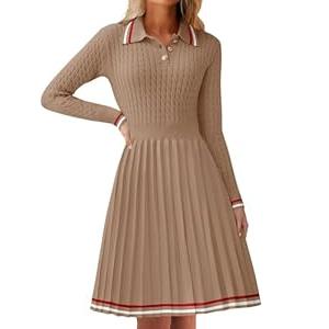ZESICA Women's Midi Sweater Dress 2024 Fall Long Sleeve Cable Ribbed Knit A Line Swing Pleated Dresses, Khaki, Small