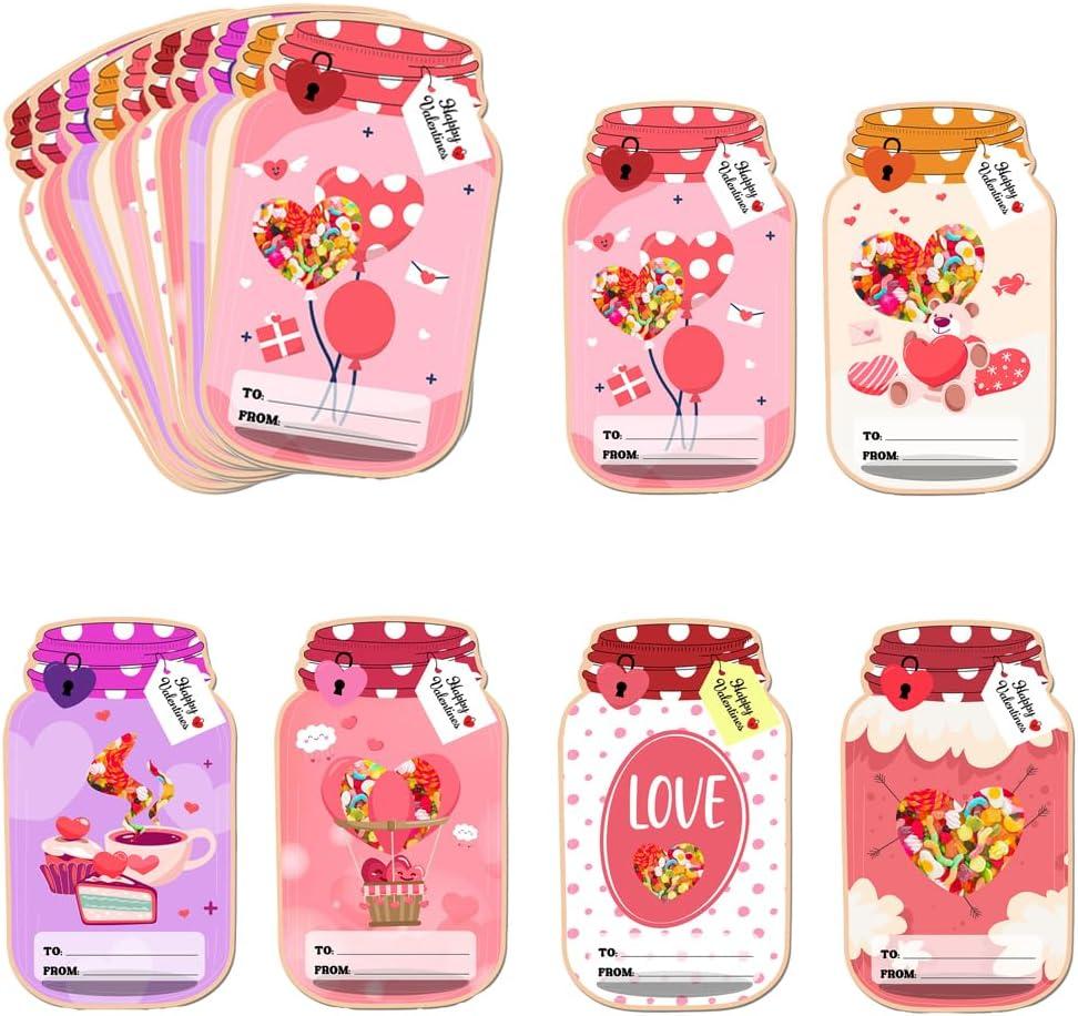 Valentines Day Cards for Kids School, 50 Pack Candy Jar Cards Set, DIY Valentine Exchange Cards with Treat Bag for School, Ideal Valentines Day Gifts for Kids Boys Girls Classroom (pink)
