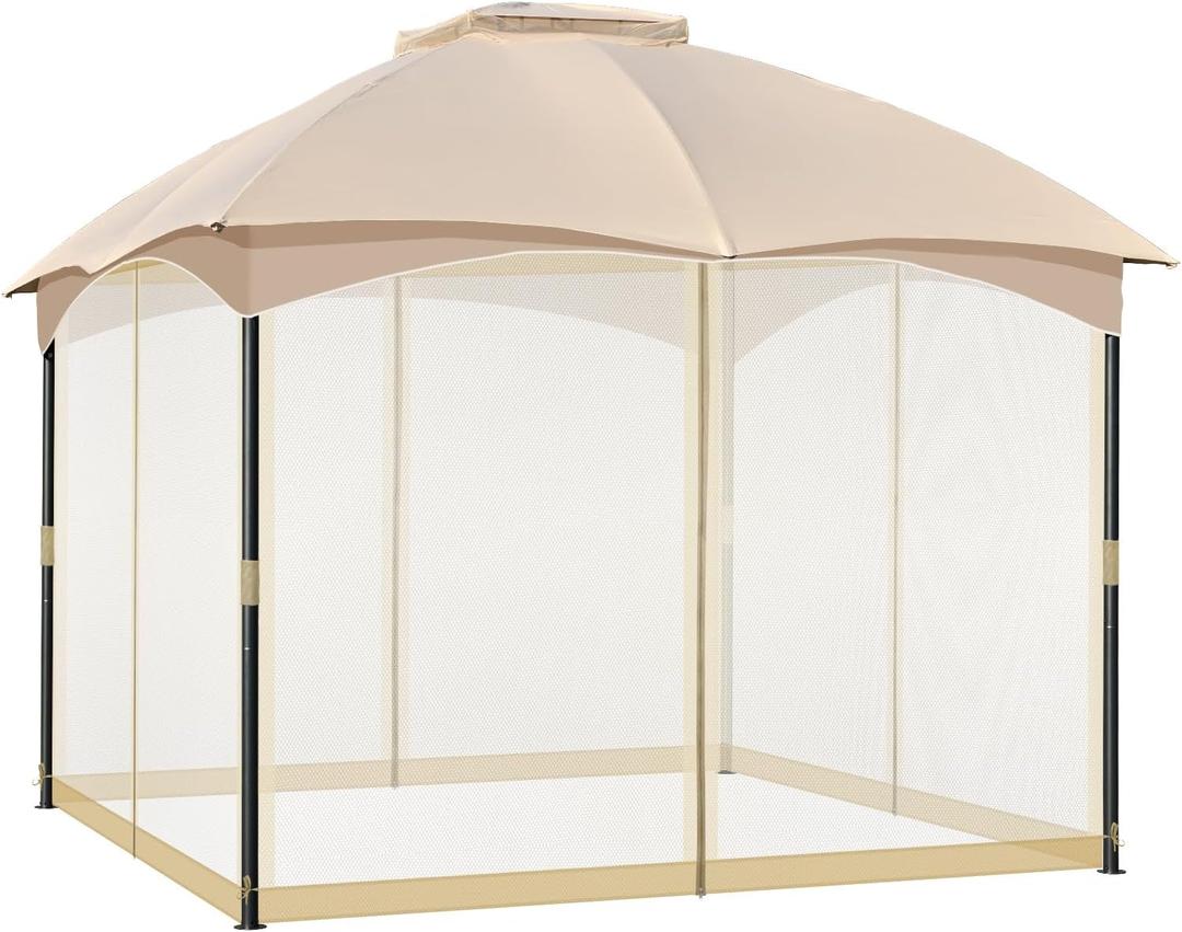 COWVIE Gazebo Replacement Netting Screen, 10' x 10' Universal Gazebo 4-Panel Mosquito Sidewalls with Double Zippers for Outdoor Patio (Only Netting) (Khaki)