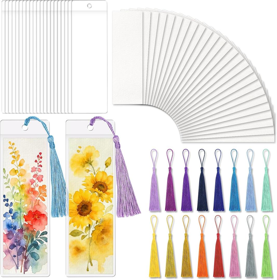 60 Pack Bookmarks with Sleeves & Tassels Blank Watercolor Paper Bookmarks for DIY Painting, Reading, Classroom Crafts & Gift Tags