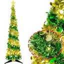 luxfcup 5FT Pop up Christmas Tree Decoration for Indoor, Gold Green Tinsel Pencil Tree with Lights, Mini Sparkling Sequins Pre-lit Christmas Tree Small Artificial Pencil Tree Lighted up Decoration