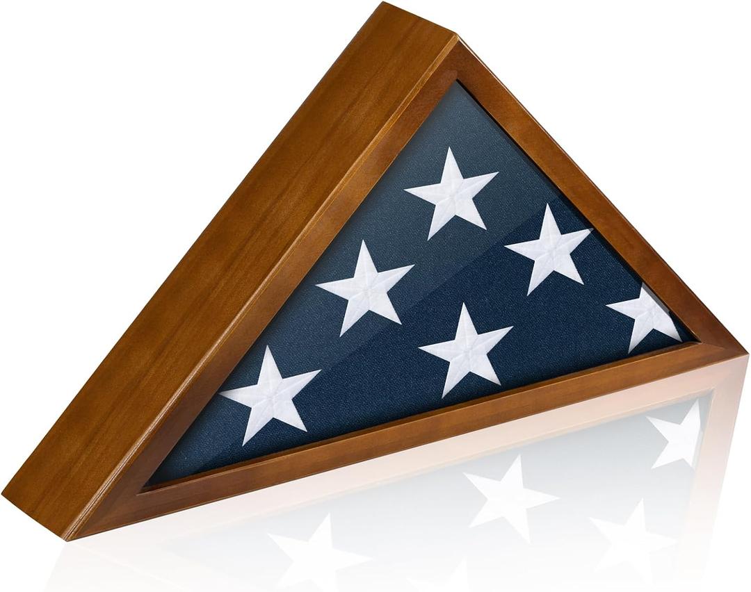 Flag Case for Burial Flag, 5' x 9.5' Funeral Flag Display Case Brown Wood Memorial Flag Shadow Box for Military Veterans with Glass Covered and Wall Mounted