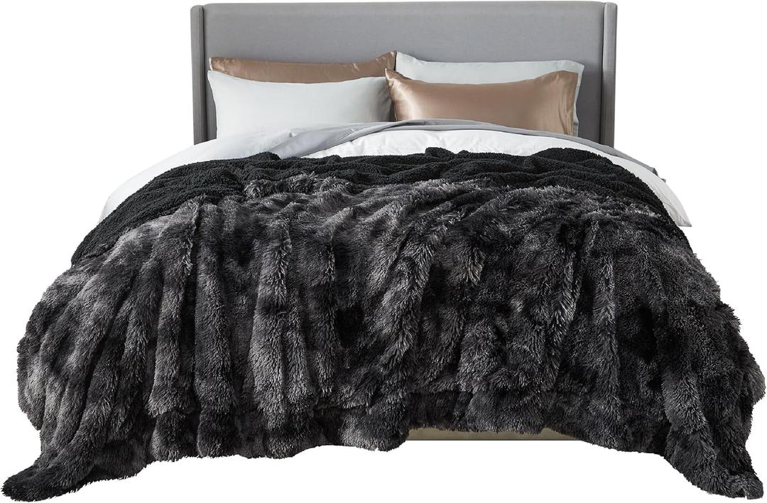 Bedsure Fluffy Tie Dye Black King Size Blanket for Bed, Thick Soft Sherpa Faux Fur Fleece Bedding Fuzzy Plush Winter Warm Heavy Oversize Big Large King Blanket, Cozy Black Gifts for Men Women, 108x90