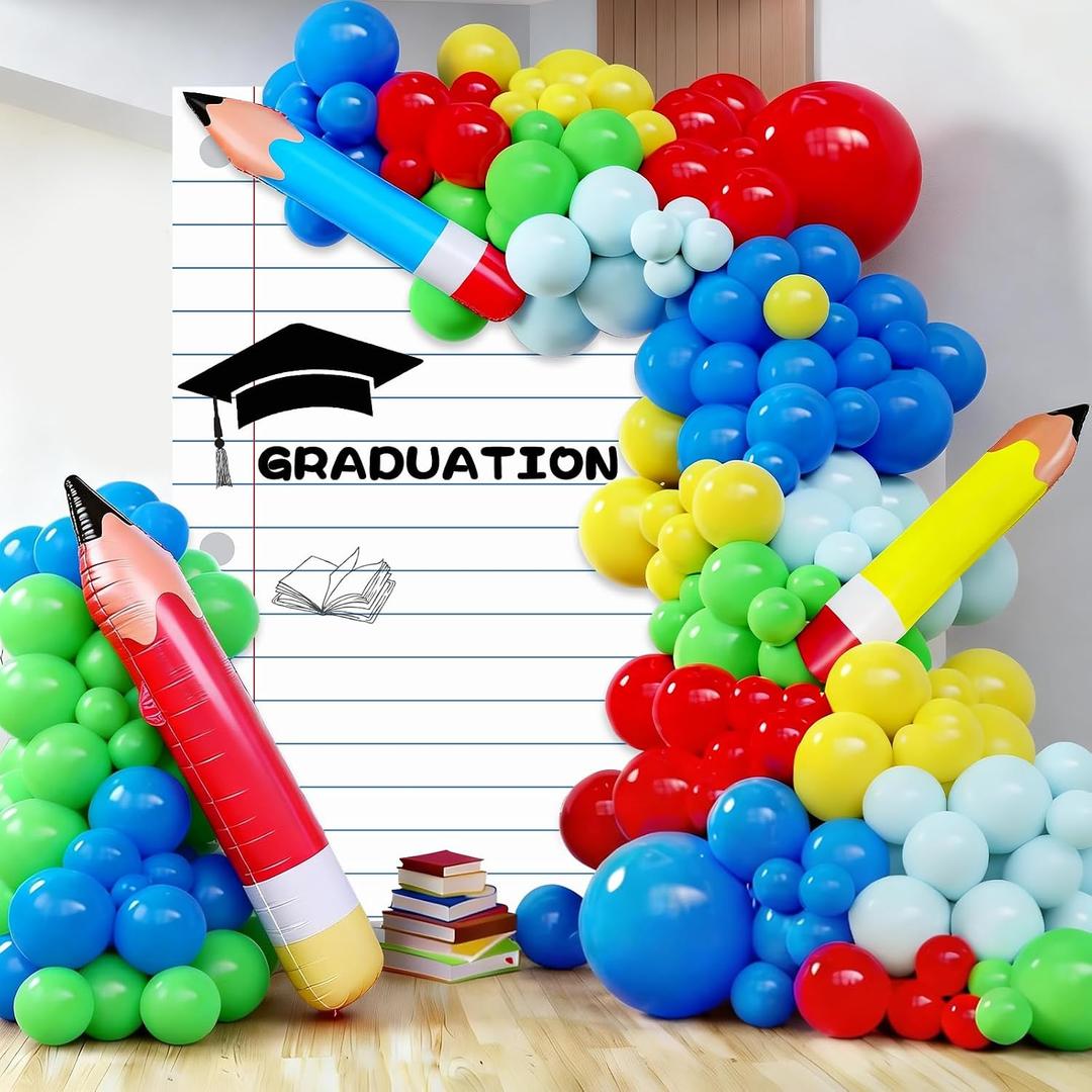 104pcs Graduation Balloon Arch Kit Rainbow Preschool Graduation Balloon Arch Large Inflatable Pencil Balloons Line Notebook Backdrop for Back to School Classroom Celebration Party Decor (Colorful)