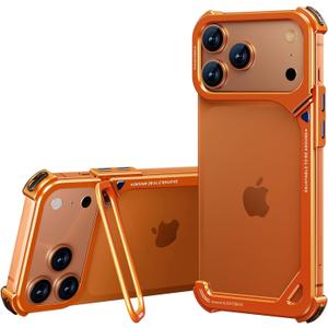 OATSBASF 9 Case for iPhone 17 Pro Bumper Case Metal, Aluminum Frame Slim Fit No Back Design, Compatible with MagSafe, Shockproof Protection, Minimalist Frameless Phone Case, Orange (Orange-Camera stand)