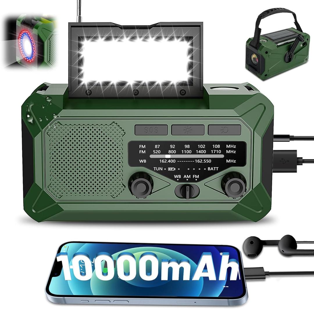10000mAh Emergency Hand Crank Radio with LED Flashlight, AM/FM NOAA Portable Weather Alert Radio, Solar Powered Radio with Phone Charger, USB Charged, Headphone Jack, SOS Alarm, Compass for Outdoors (green)