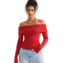 Women Off Shoulder Sweaters Long Sleeve Ribbed Knit Going Out Fall Tops Blouse, Red, Size Medium, Red 