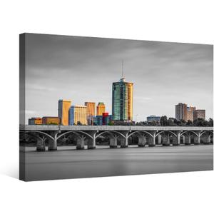 Tulsa Oklahoma Skyline Black and White Wall Art Night Downtown Cityscape Posters Prints on Canvas 1 Piece Wall Paintings Wall Art for Living Room Bedroom Bathroom Framed Ready to Hang 16X24 INCH
