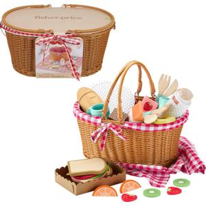 Fisher-Price Wood Pretend Play Toy Picnic Basket, 31-Piece Wooden Food Playset for Preschool Kids Ages 3+ Years