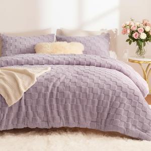 CozyLux Fleece King Comforter Set Light Purple,Super Soft & Warm Fluffy Bedding with Checkered Pattern,Luxury Fuzzy Heavy Bed Set for Winter,3 Pieces,1 Comforter and 2 Pillowcases