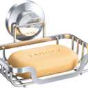 LEVERLOC Soap Dish, Soap Bar Holder for Shower Suction Cup Wall Mounted, Stainless Steel No-Drilling Removable Waterproof Sponge Holder for Bathroom Bathtub Kitchen Sink, Keep Dry, Silver (5.7" * 4.8")