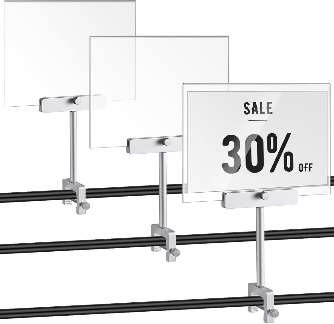 FoldTier 3 Set Aluminum Alloy Sign Clamp with 5.5 x 7 Inch Acrylic Frame Clip on Rotatable Holding Clamp for Clothing Stores Price Tag Office (Silver)