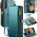 Defencase Compatible with Galaxy S21 FE 5G Case Wallet with RFID Blocking Card Holder for Women Men, PU Leather Magnetic Snap Flip Zipper Strap Phone Case Fit for Samsung Galaxy S21 FE 5G, Blue Green