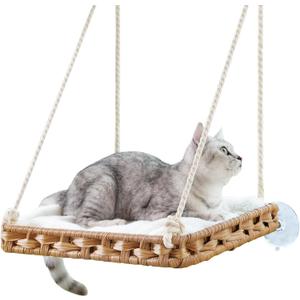 SETVSON Cat Window Perch Cat Window Hammock Bed for Indoor Cats, Large Handwoven PE Rattan Window Seat, 4 Suction Cups, Double Sided Washable Cushion Bed, 2.3 Inch Fence Shelf, for Pet Kittens Natural