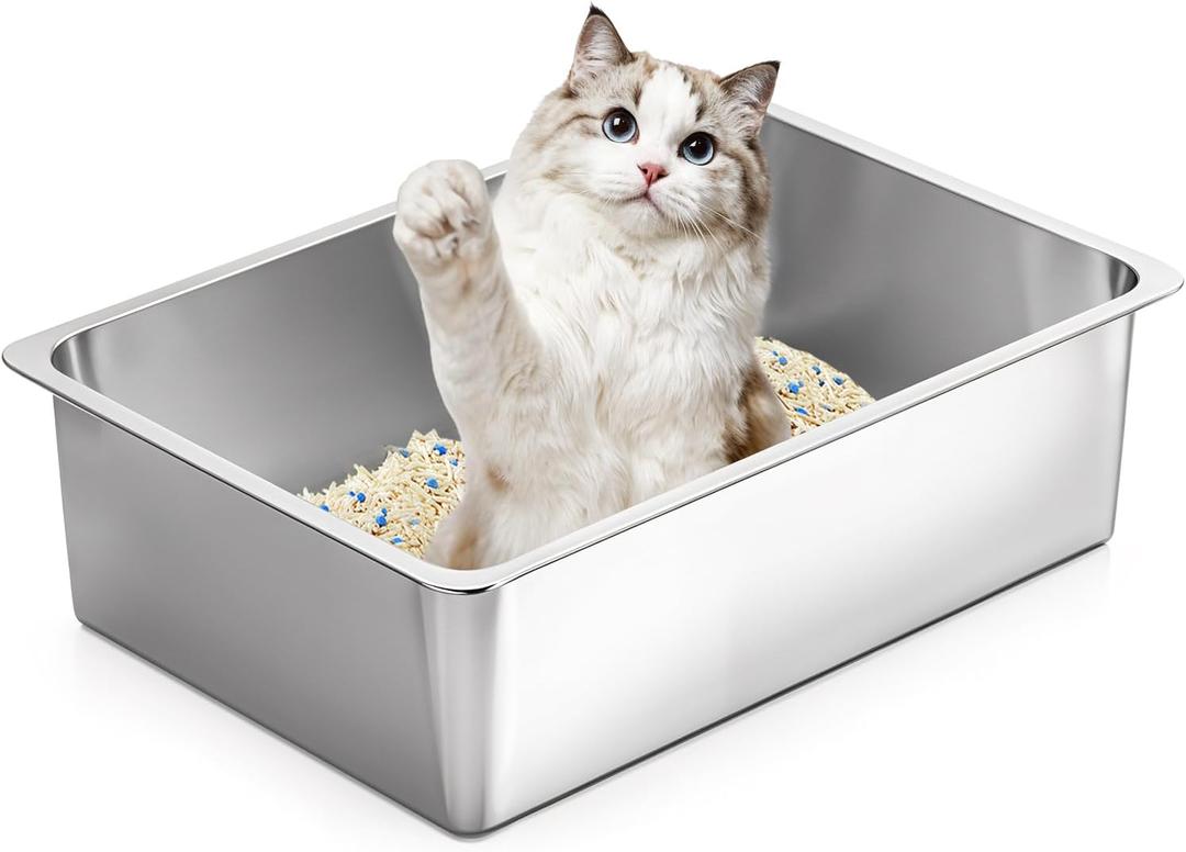 Kirecoo Stainless Steel Cat Litter Box, Large Metal High Sided Cat Pan Box, Indoor Litter Tray, Non Stick, No Smell, Easy to Clean, Pet Toilet Supplies for Cats (19.5" L x 13.6 W x 5.9" H)